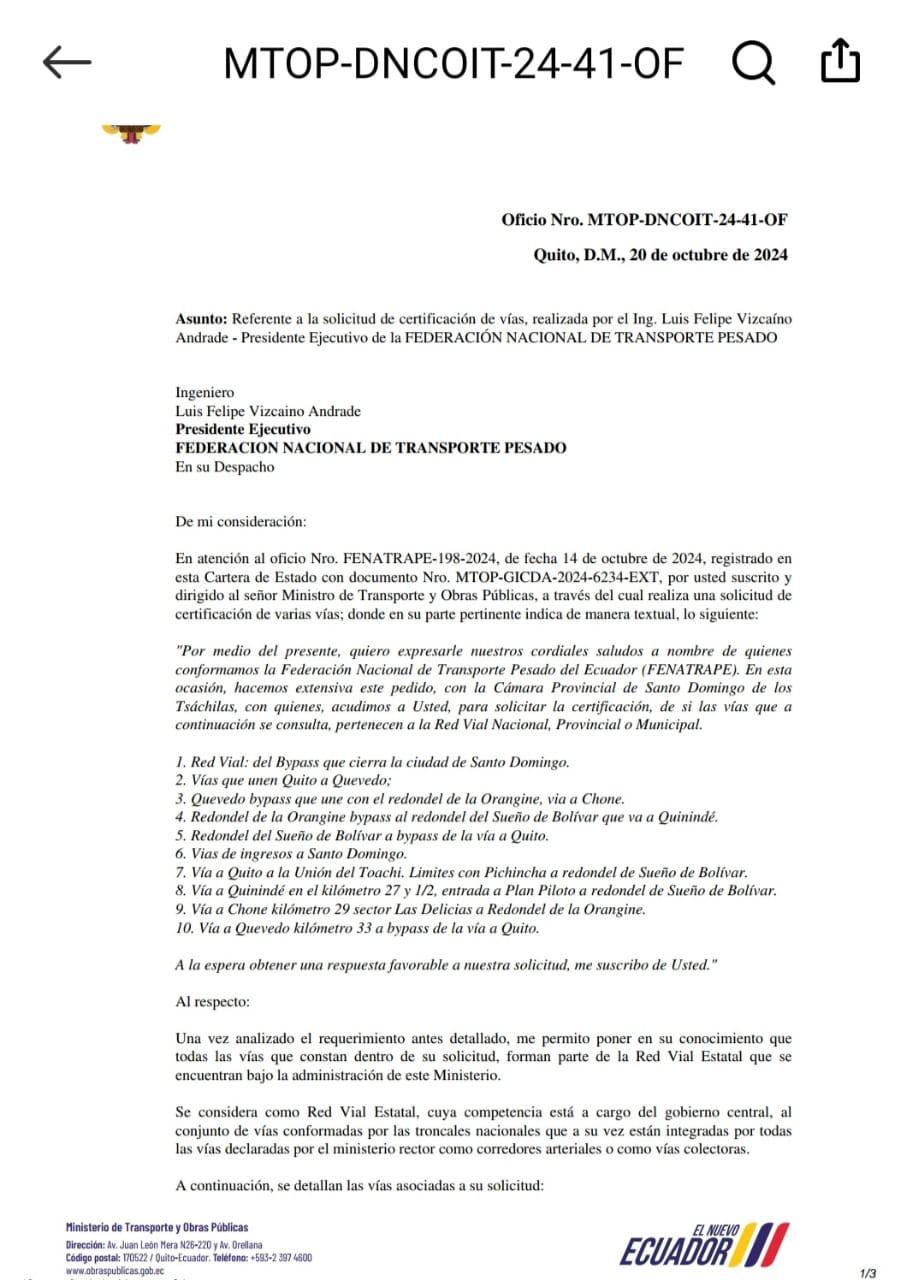 FENATRAPE certifica que, vías dónde están ubicados radares municipales, son de competencia del MTOP